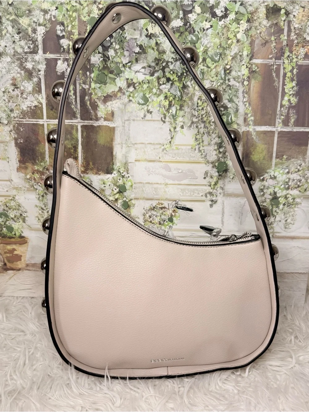 BCBG Faux-Leather Hobo Shoulder Bag in Pale Pink